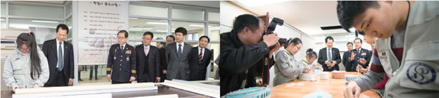 간담회 전 학교기업에서 일하는 모습을 둘러보는 교육부장관과 경찰청장