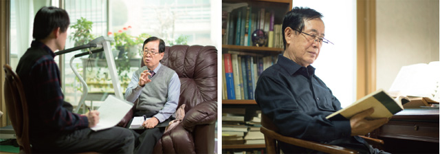 편집 담당자와 대화를 하고 있는 김영환 전 원장 모습과 고개 숙여 책을 보고 있는 김영환 전 원장 모습