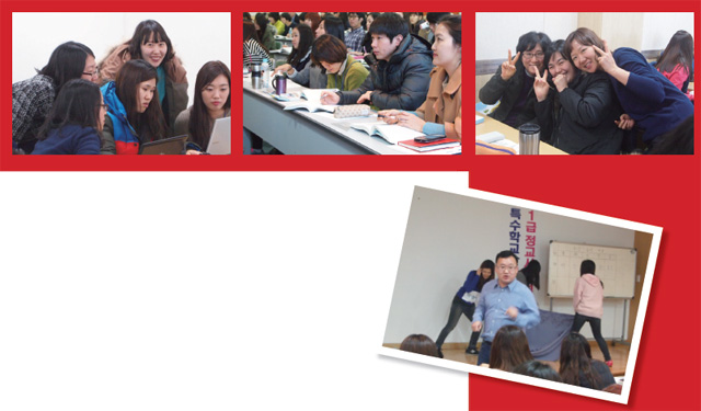 분임발표를 준비하는 연수생들,강의실에서 강의를 듣고 있는 연수생들 모습,손가락으로 브이를 만들고 웃고 있는 세명의 연수생들 모습,이상도 꽃동네학교 교사
