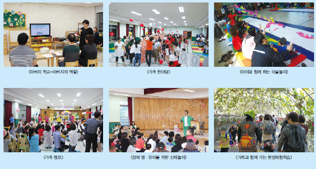 아버지학교 - 아버지의 역할, 가족한마당, 아이와 함께하는 미술놀이, 가족 캠프, 장애 영/유아를 위한 신체놀이, 가족과 함께 가는 현장체험학습 사진