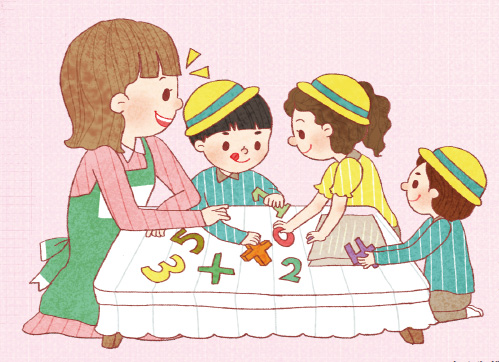 선생님과 숫자놀이를 하고 있는 유치원생들 일러스트 그림