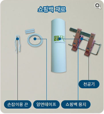 쇼핑백 재료 : 손잡이용 끈, 양면테이프, 쇼핑백 용지, 천공기