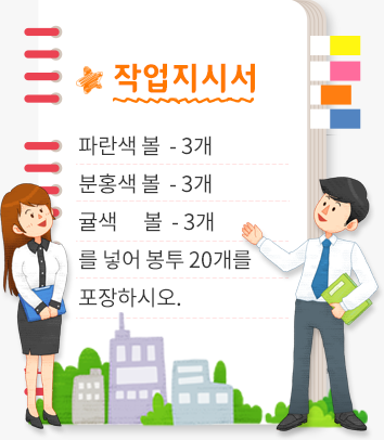 작업 지시서. 파란색 볼-3개,분홍색 볼-3개,귤색볼-3개를 넣어 봉투 20개를 포장하시오.