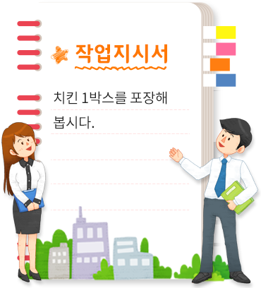 작업 지시서. 치킨 1박스를 포장해 봅시다.