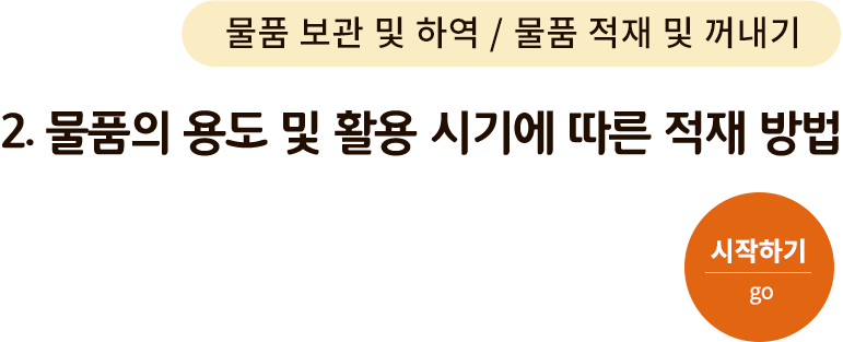 물품 보관 및 하역/물품 적재 및 꺼내기-2. 물품의 용도 및 활용 시기에 따른 적재 방법. 시작하기(go)