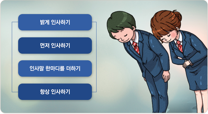 밝게 인사하기, 먼저 인사하기, 인사말 한마디를 더하기, 항상 인사하기