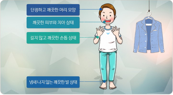 단정하고 깨끗한 머리, 깨끗한 피부와 치아 상태, 길지 않고 깨끗한 손톱 상태, 냄새 나지 않는 깨끗한 발 상태