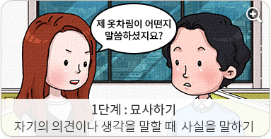 1단계 묘사하기:자기의 의견이나 생각을 말할 때 사실을 말하기. 제 옷차림에 대해 조언해 주셨지요?