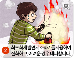 최초 화재 발견시 소화기를 사용하여 진화하고, 어려운 경우 대피합니다.