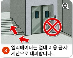 엘리베이터는 절대 이용 금지! 계단으로 대피합니다.