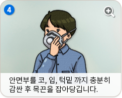 안면부를 코, 입, 턱밑까지 충분히 감싼 후 목끈을 잡아당깁니다.