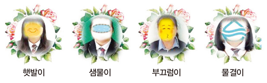 햇발이, 샘물이, 부끄럼이, 물결이