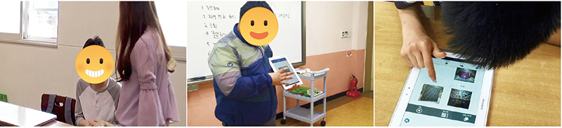 좌측:특수교사가 학생에게 몸짓언어를 지도하고 있는 모습 / 중간, 우:태블릿피씨를 이용하는 학생의 모습