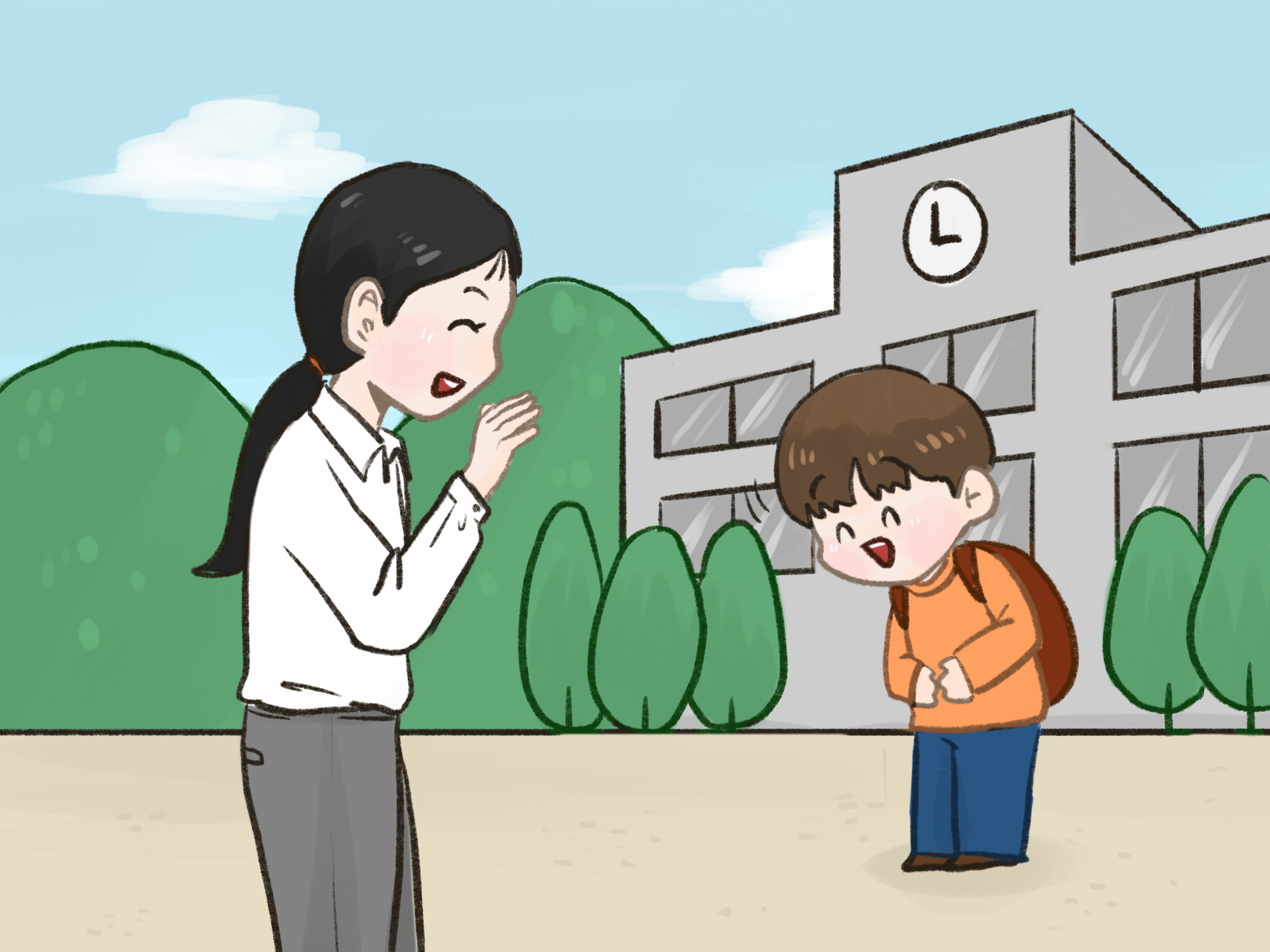 선생님에게 인사하는 학생과 인사를 받아주는 선생님 그림
