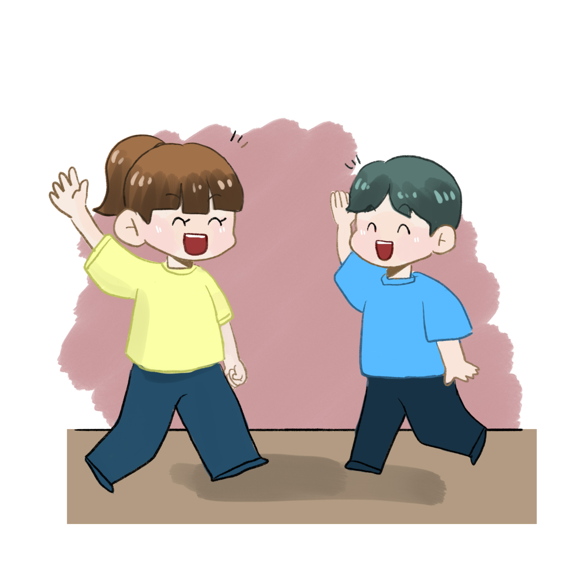 거리에서 친구와 인사하는 그림