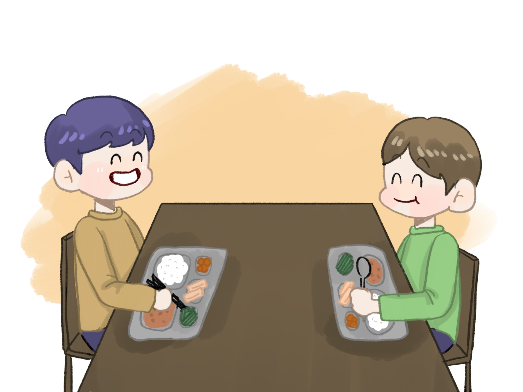 친구와 마주보고 밥을 먹는 그림