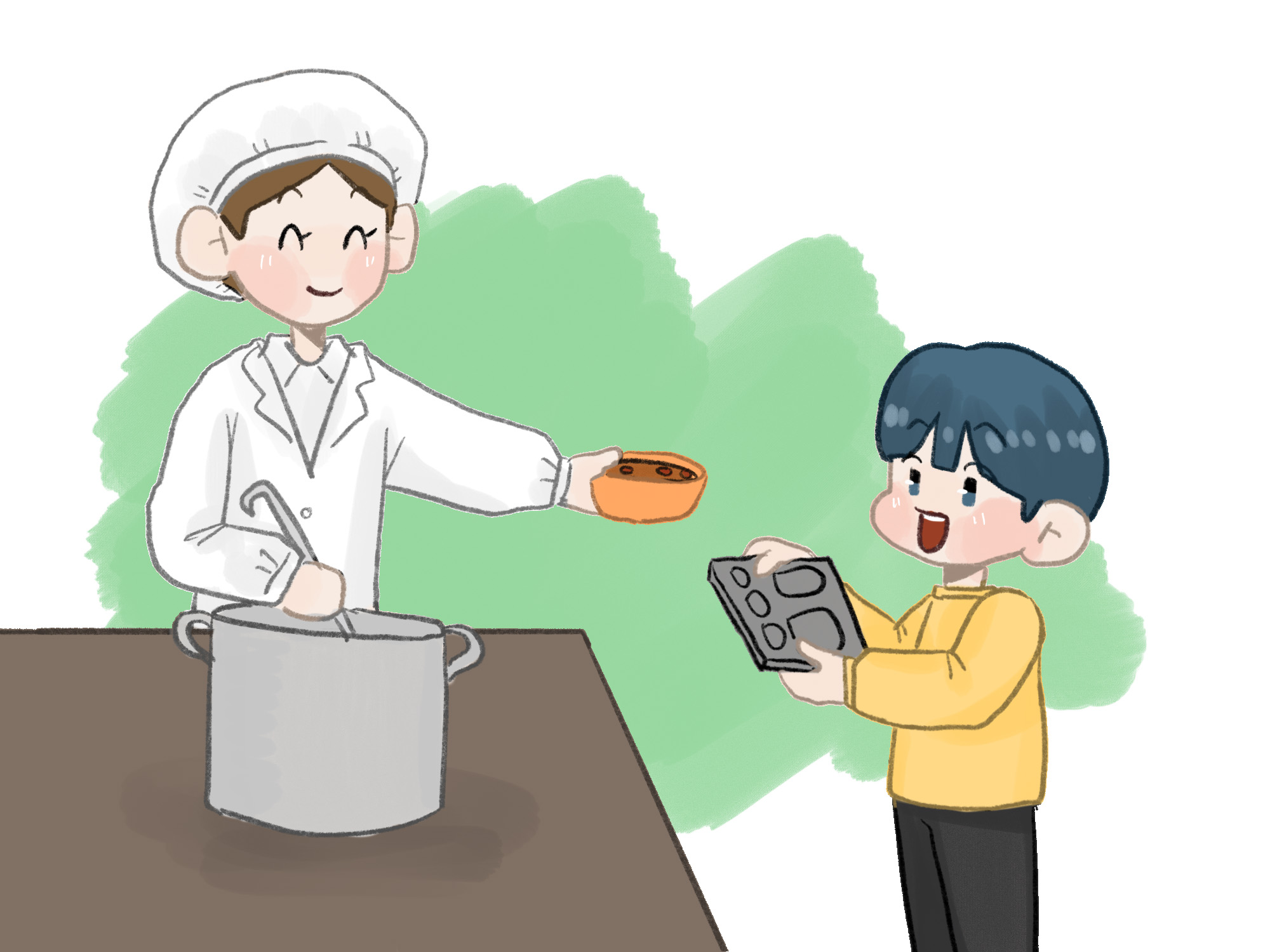 아이가 선생님에게 배식을 받는 그림