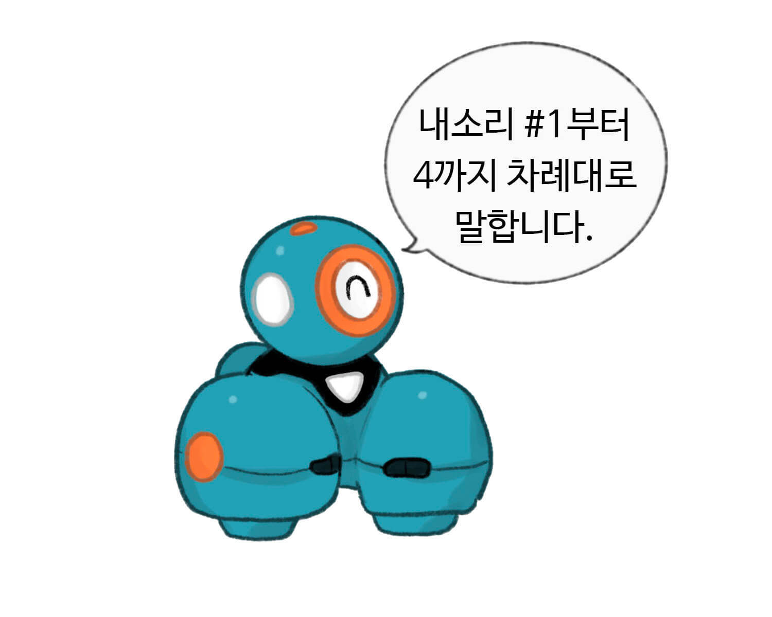 “내소리 #1부터 4까지 차례대로 말합니다.” 라고 말하고 있는 로봇 그림