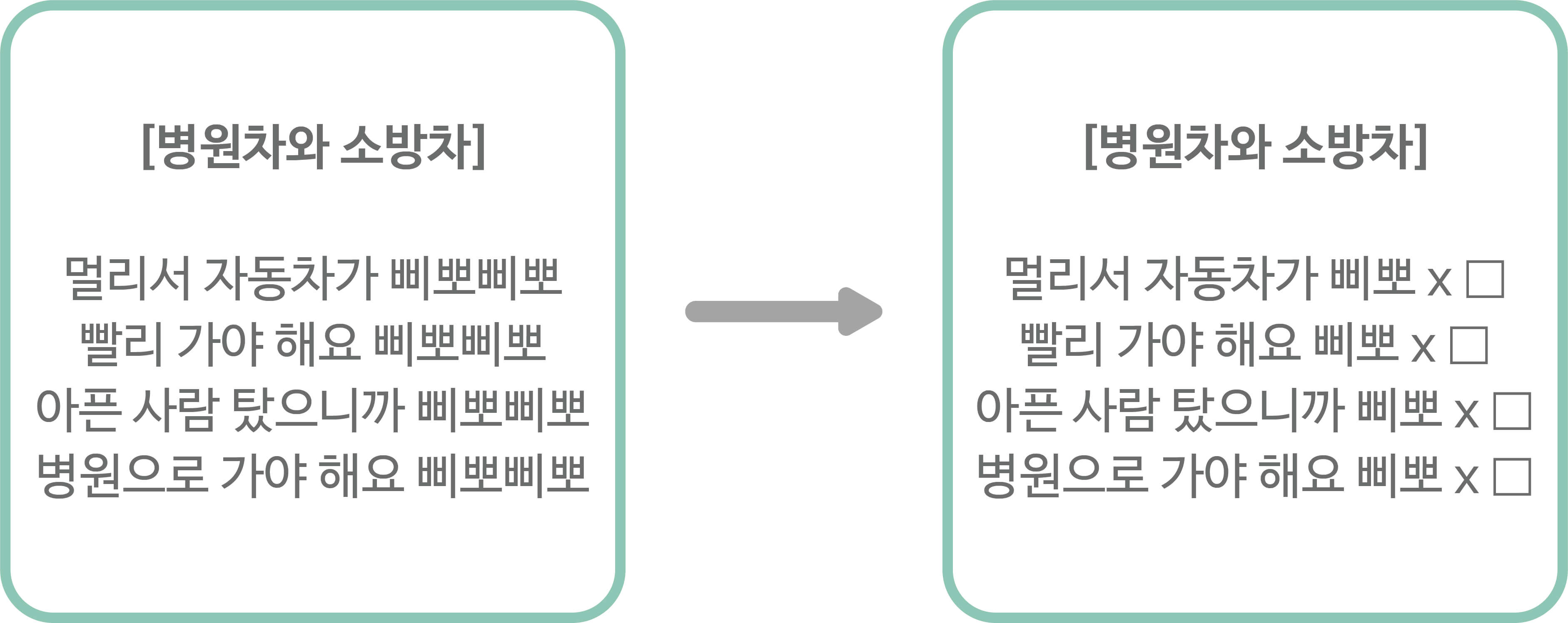 병원차와 소방차. 멀리서 자동차가 삐뽀삐뽀/빨리 가야 해요 삐뽀삐뽀/아픈 사람 탔으니까 삐뽀삐뽀/병원으로 가야 해요 삐뽀삐뽀. -> 병원차와 소방차. 멀리서 자동차가 삐뽀xㅁ/빨리 가야 해요 삐뽀xㅁ/아픈 사람 탔으니까 삐뽀xㅁ/병원으로 가야 해요 삐뽀xㅁ.