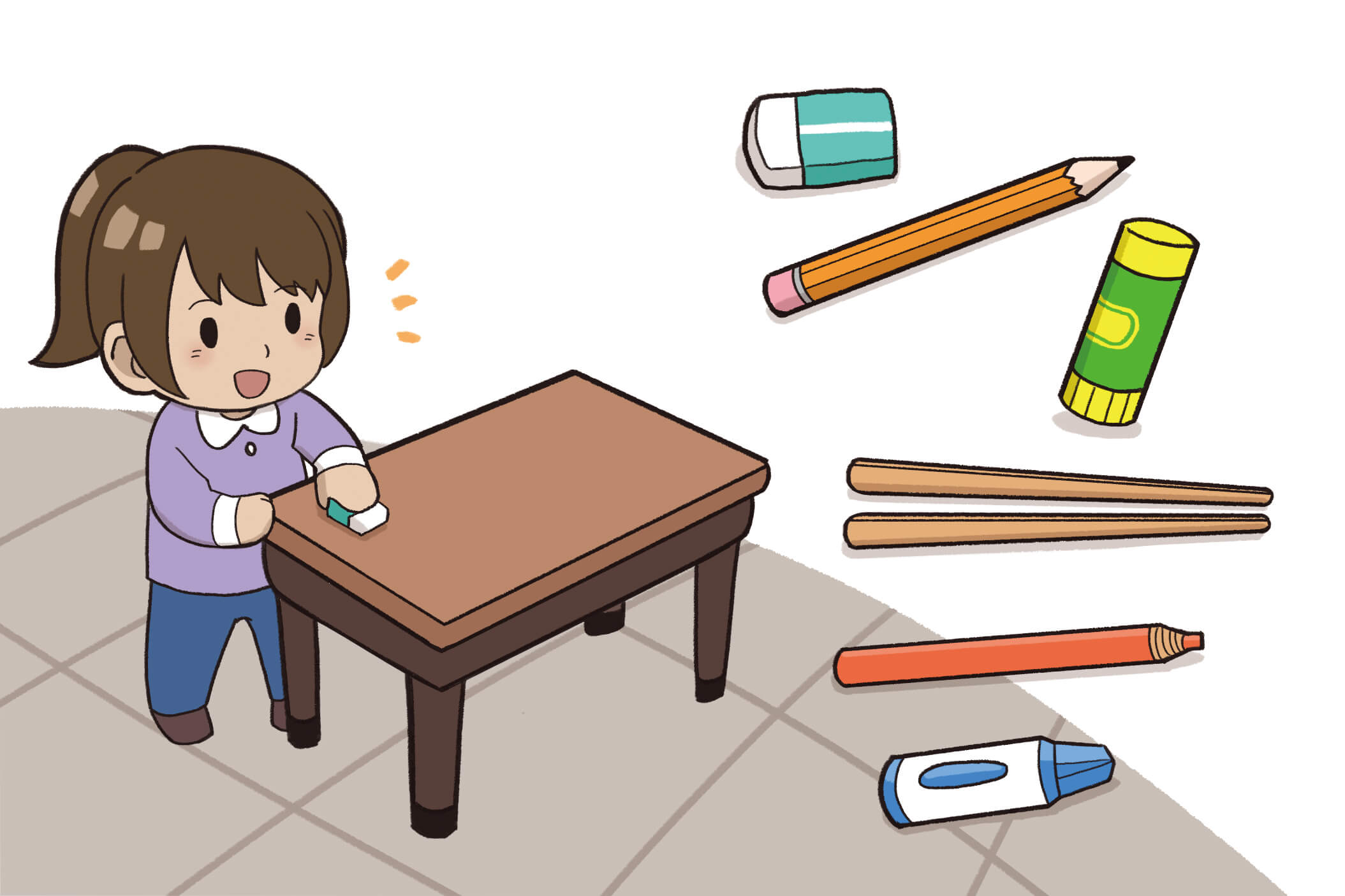 지우개를 이용하여 책상 길이를 재고 있는 그림, 옆에는 지우개, 연필, 딱풀, 색연필, 크레파스 등이 있다.