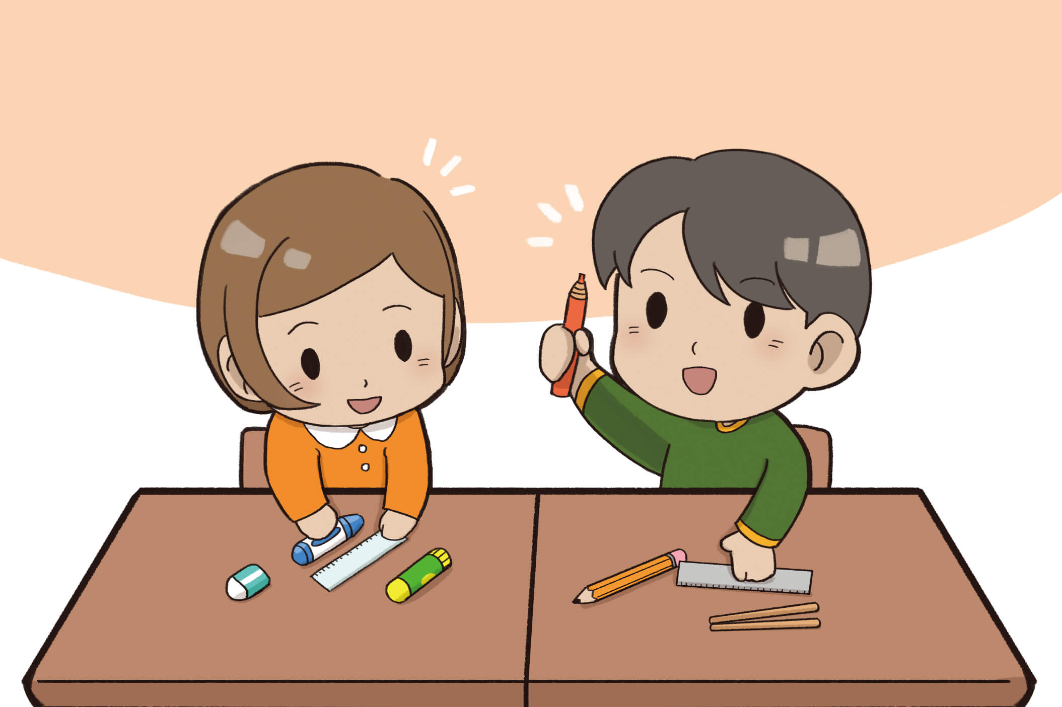 친구 두명이 학용품의 길이를 재고 있는 그림