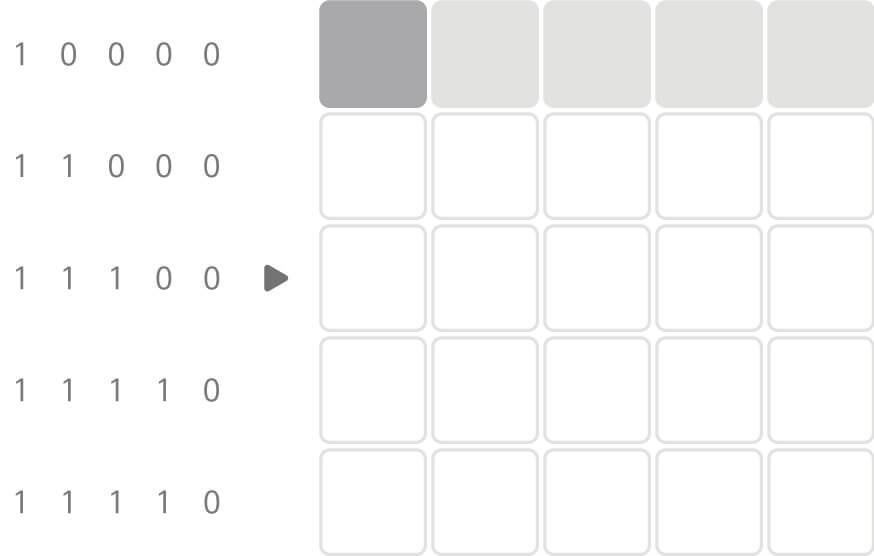 왼쪽 상단부터 좌측에서 우측으로 읽으면 1,0,0,0,0/1,1,0,0,0/1,1,1,0,0/1,1,1,1,0/1,1,1,1,0