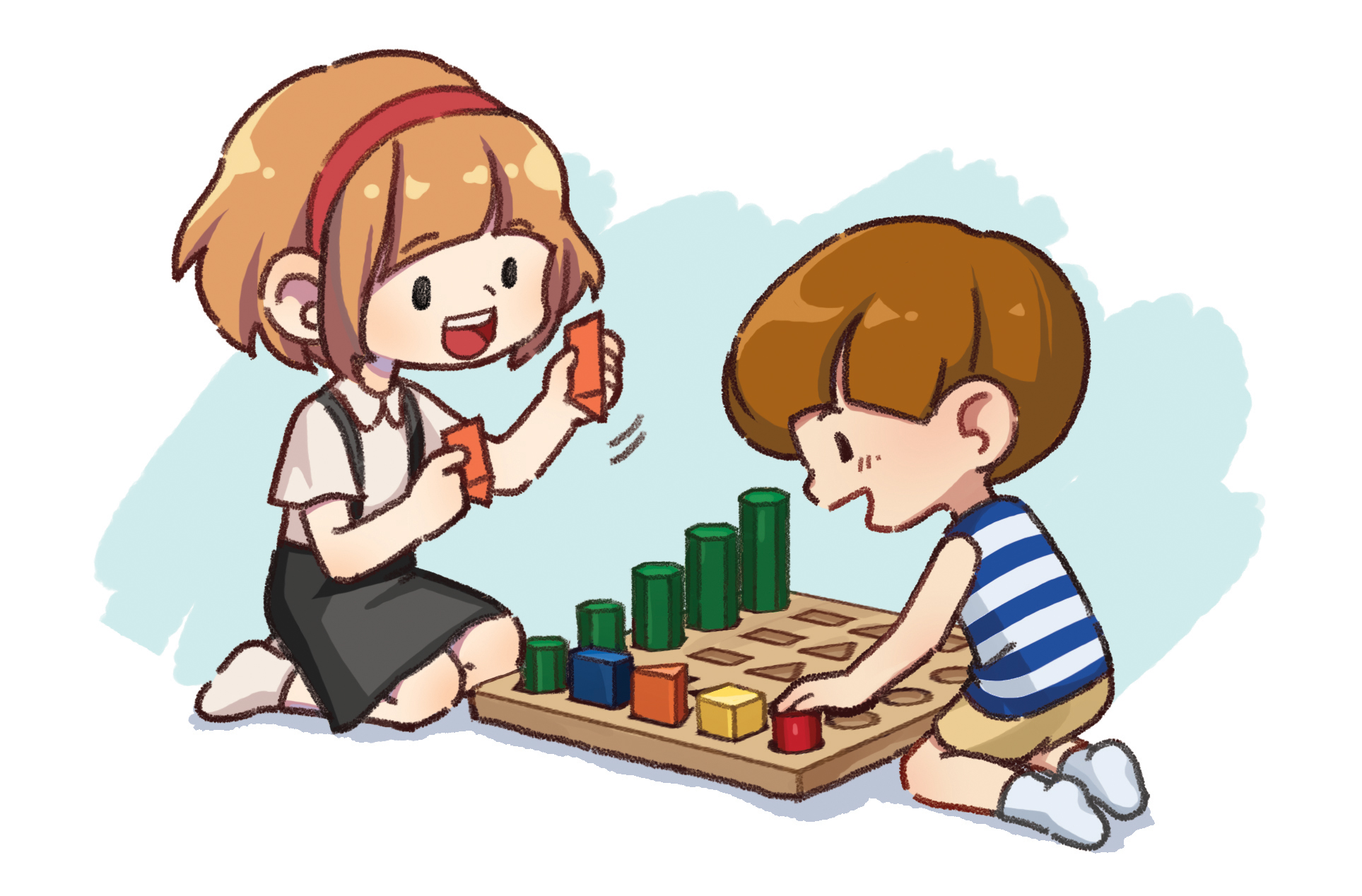 이미지, 나래와 동생이 도형 세우기 놀이를 하는 모습의 그림