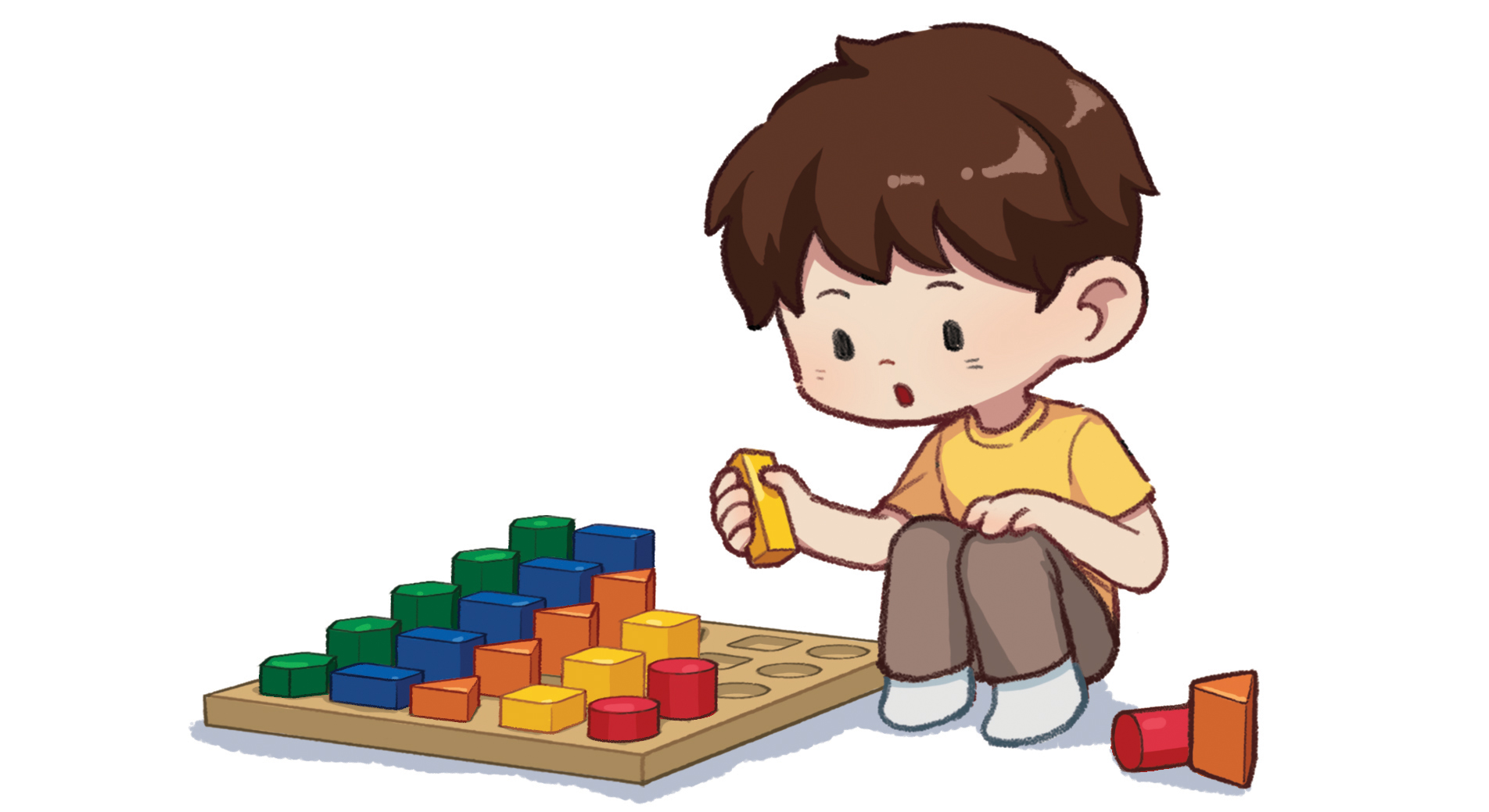 이미지. 블록으로 도형 세우기 놀이하는 학생의 그림