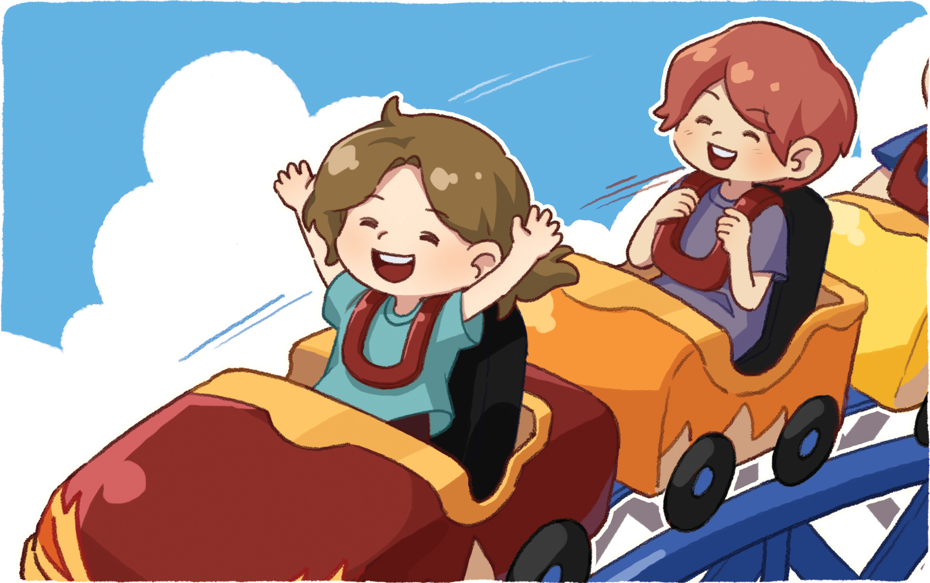 이미지, 놀이동산에서 롤러코스터를 타고 있는 모습의 그림