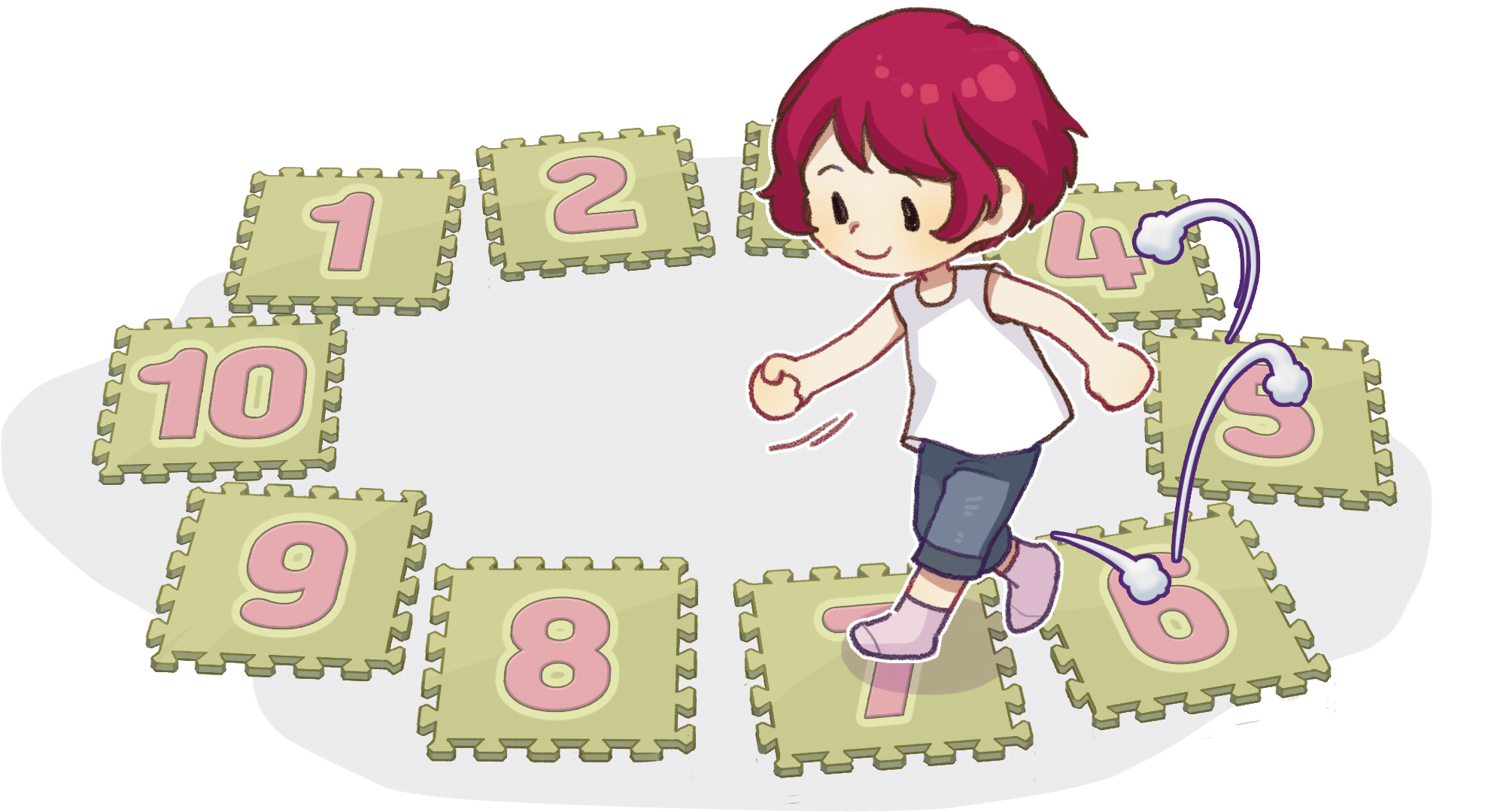 이미지. 숫자 발판 위를 뛰고 있는 학생 모습의 그림