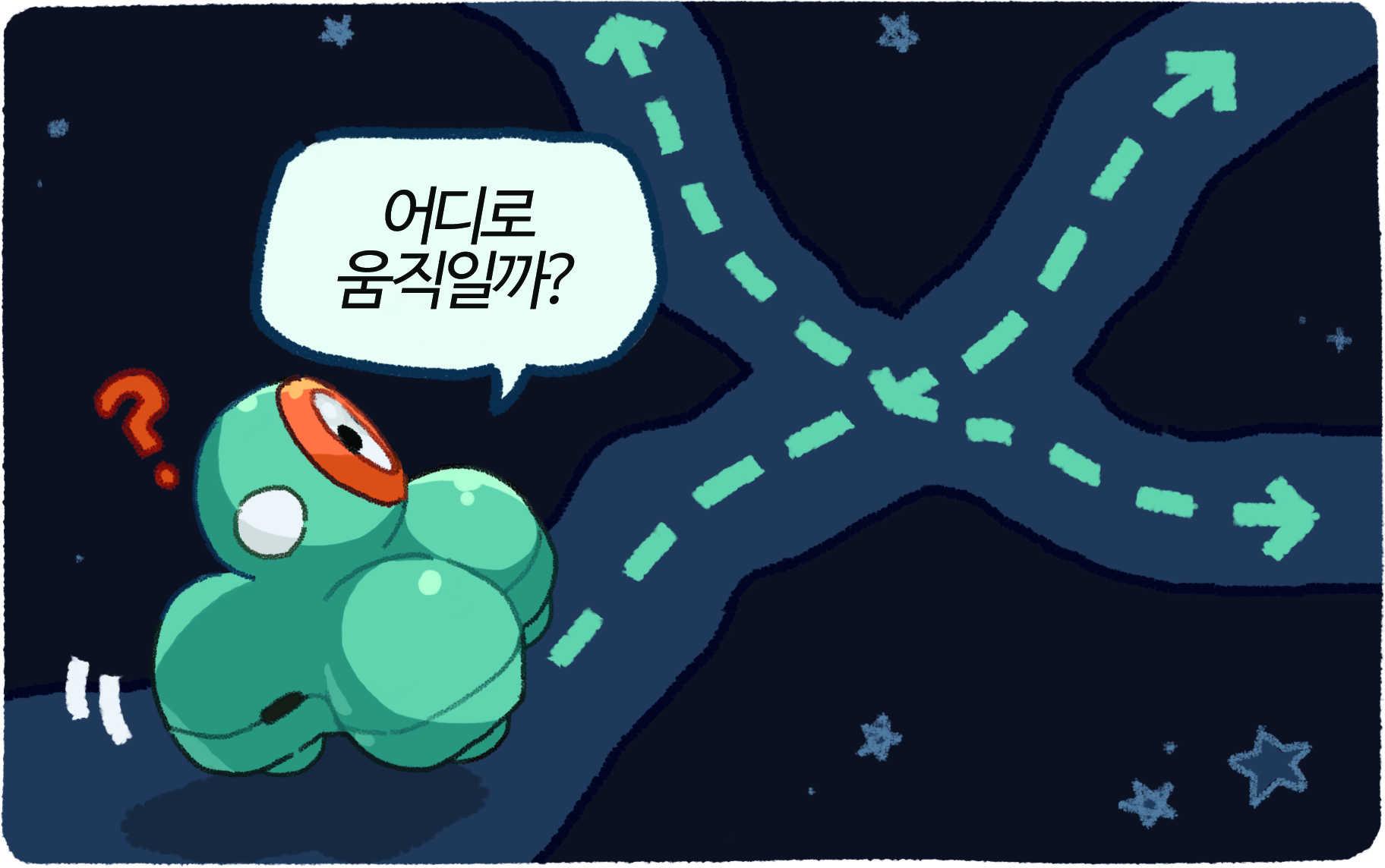 이미지. 세 갈래 길 앞에서 윌리가 어디로 움직일까?라고 말하고 있는 그림