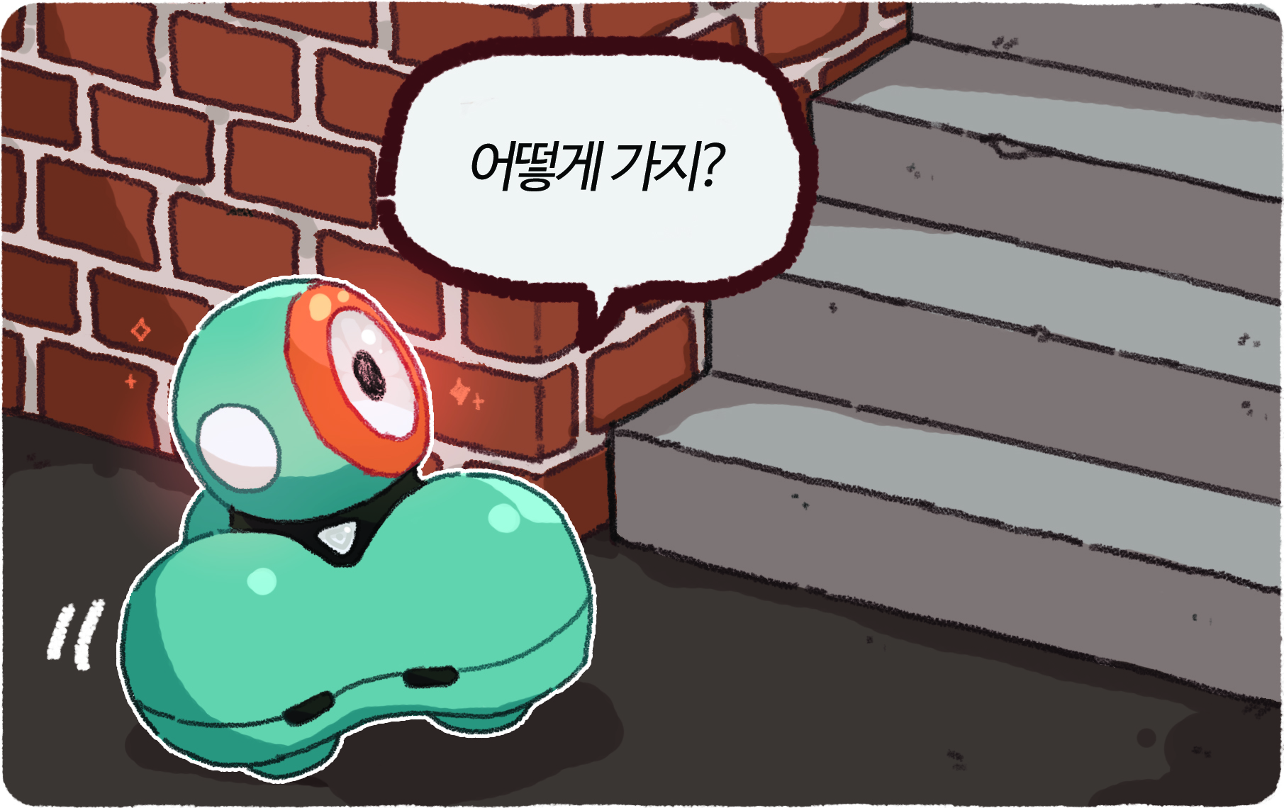 이미지. 계단 앞에 윌리가 어떻게 가지?라고 말하고 있다.