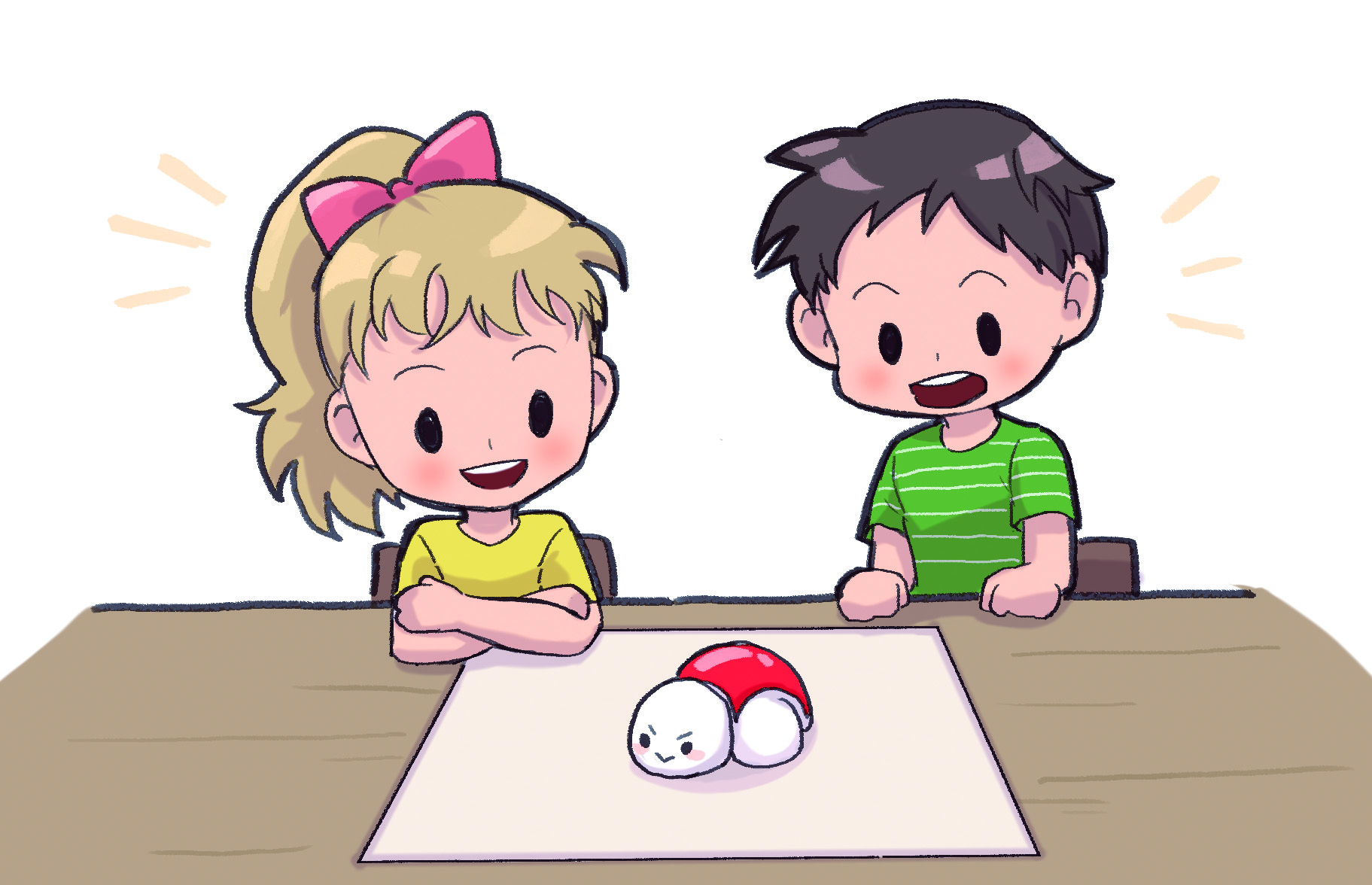 이미지. 책상위의 거북이 로봇을 보며 웃고 있는 학생들 그림