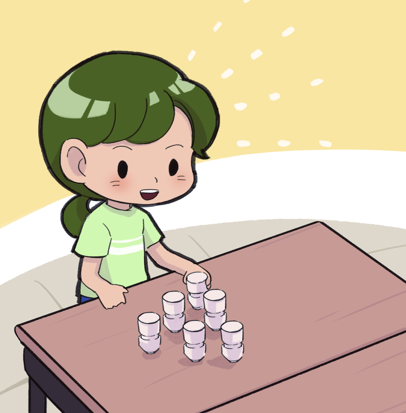 이미지. 거북이 볼링 게임을 하기 위해 요구르트 병을 세우고 있는 그림