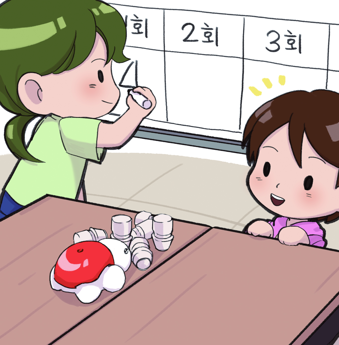 이미지. 거북이 로봇이 쓰러트린 요구르트 병의 갯수를 정리하고 있는 학생들의 그림