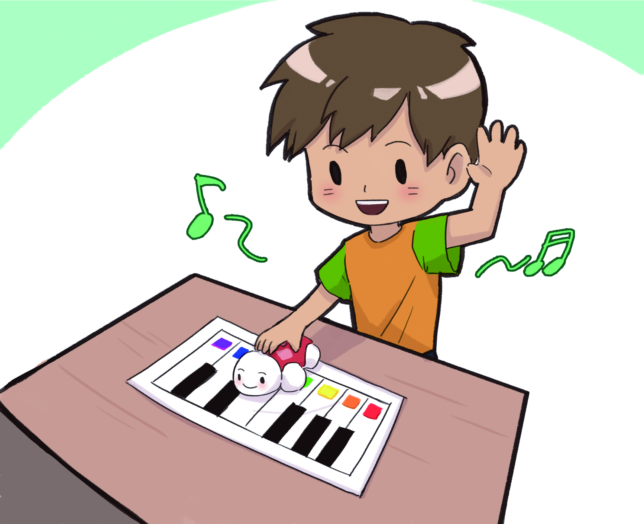 이미지. 학생이 거북이 로봇을 이용하여 연주하고 있는 그림.