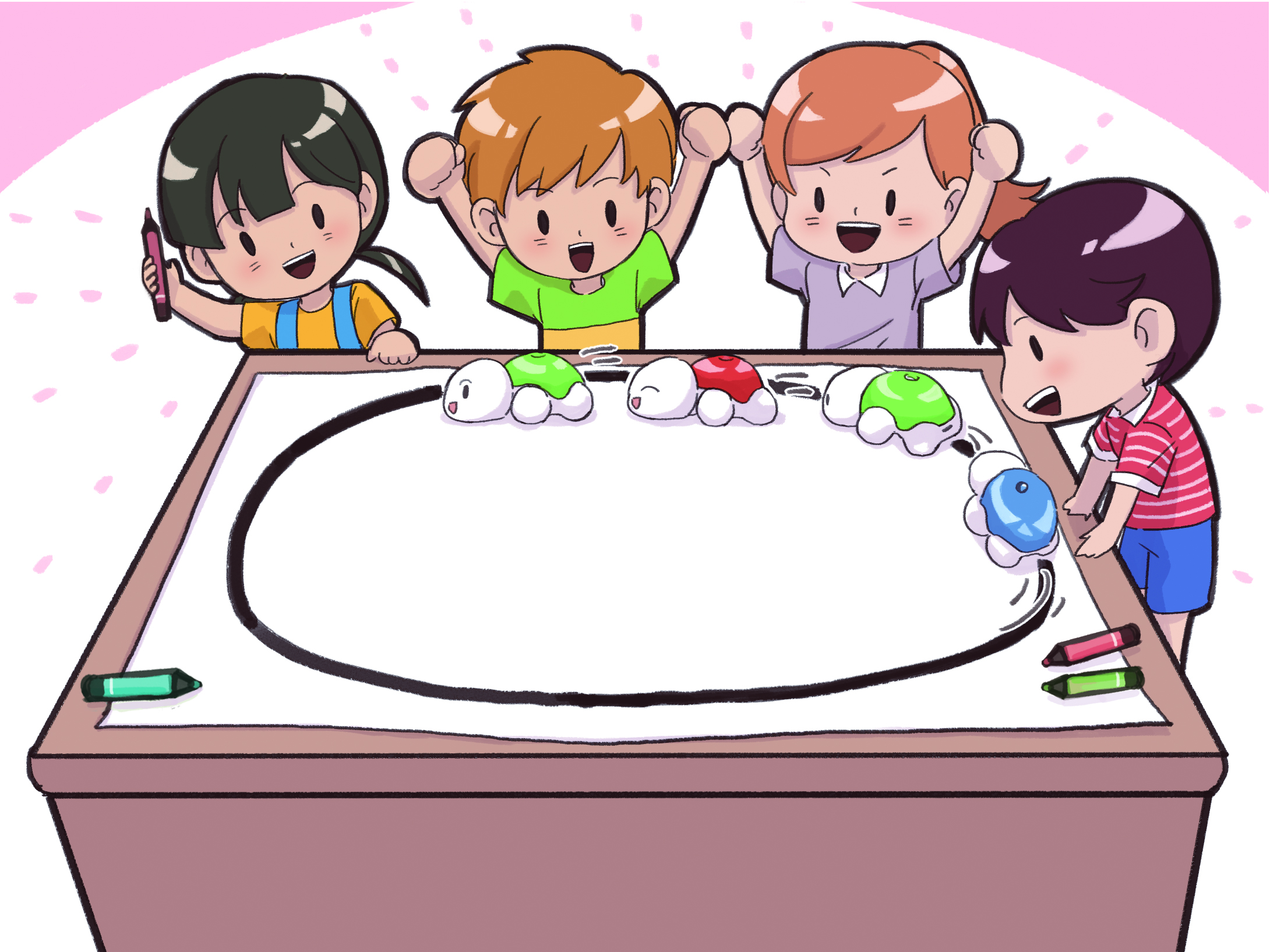 이미지. 학생들이 그린 트랙 그림 위에 거북이 로봇 4대가 나란히 움직이고 있는 그림