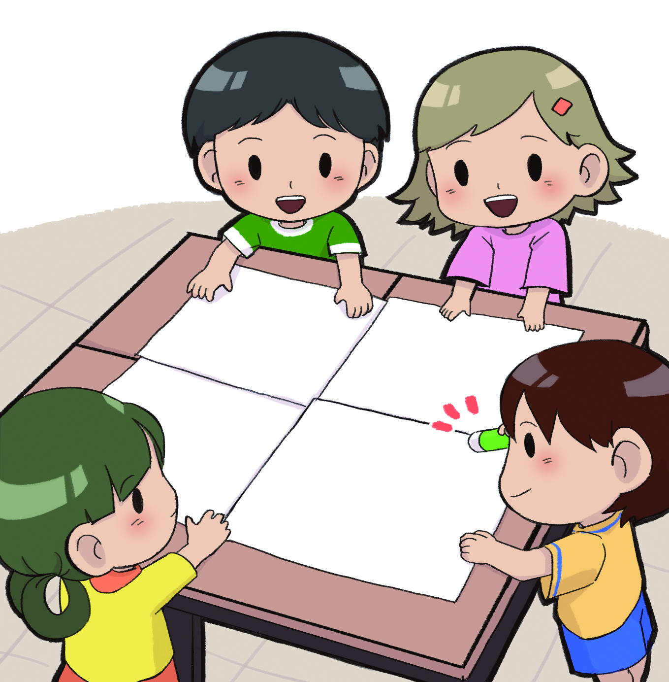 이미지. 4명의 아이가 여러 장의 종이를 풀로 맞붙이고 있는 그림