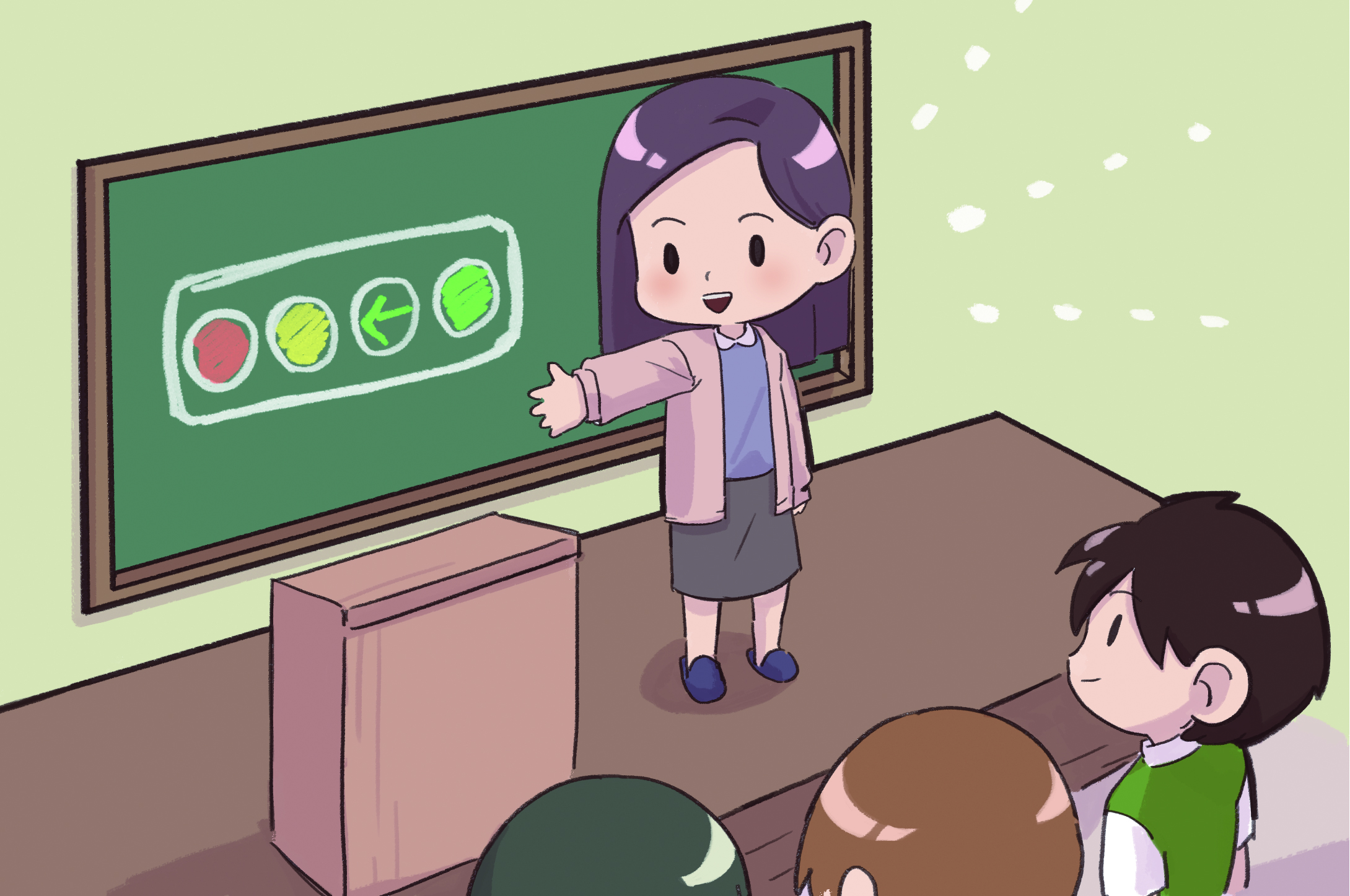 이미지. 선생님이 학생들에게 신호등을 설명해주고 있는 그림. 칠판에 신호등을 그려져있다.