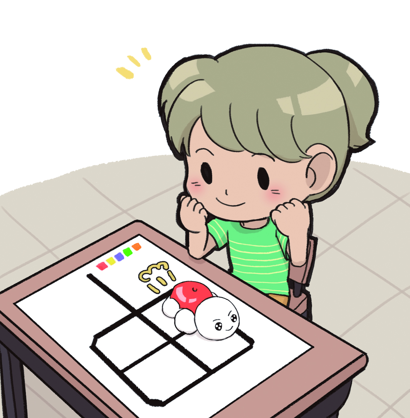 이미지.학생이 부록 교차로에 거북이 로봇을 올려놓고 움직임을 관찰하고 있는 그림