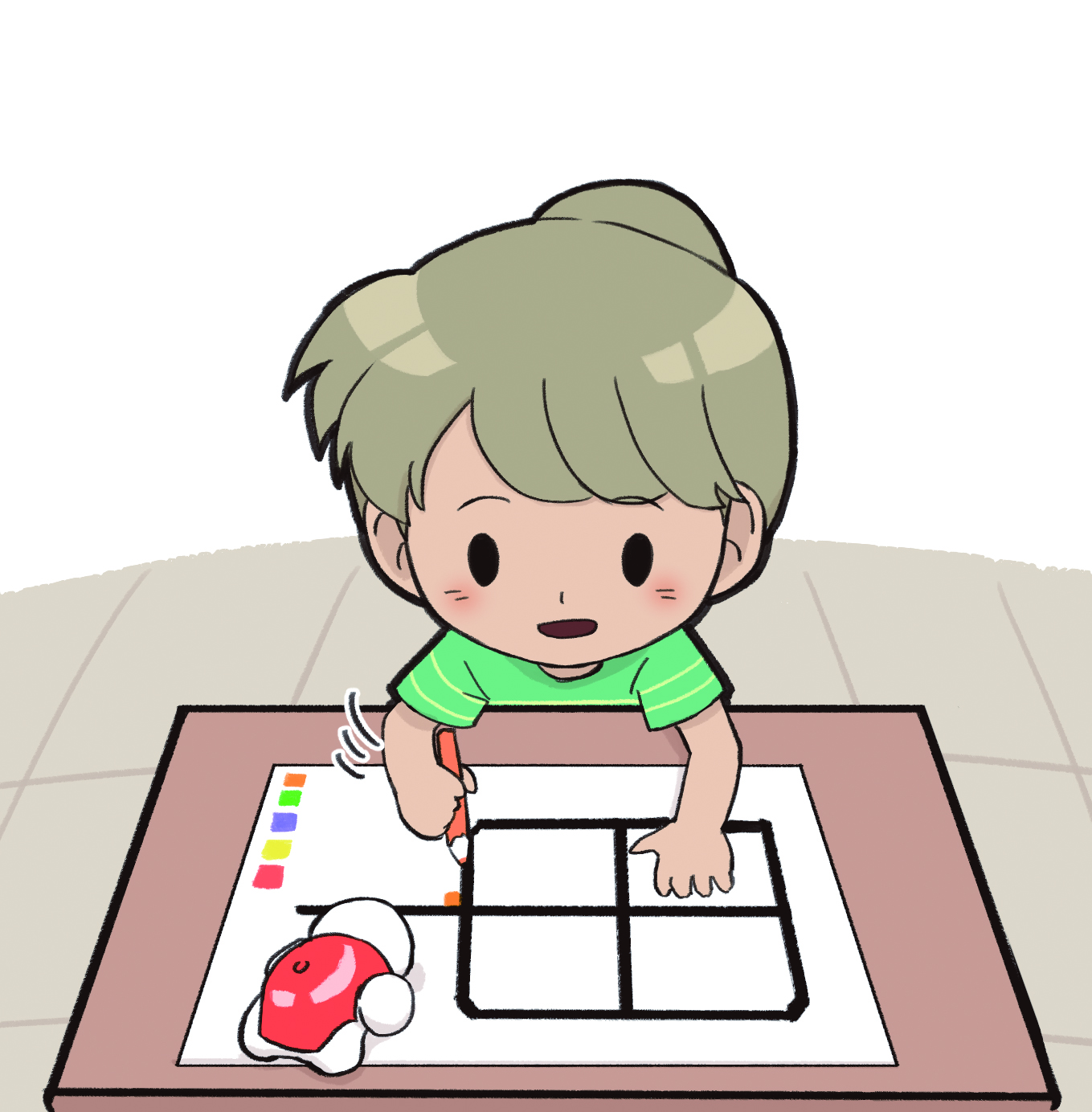 이미지. 학생이 교차로에 색깔을 하나 칠하고 있는 그림
