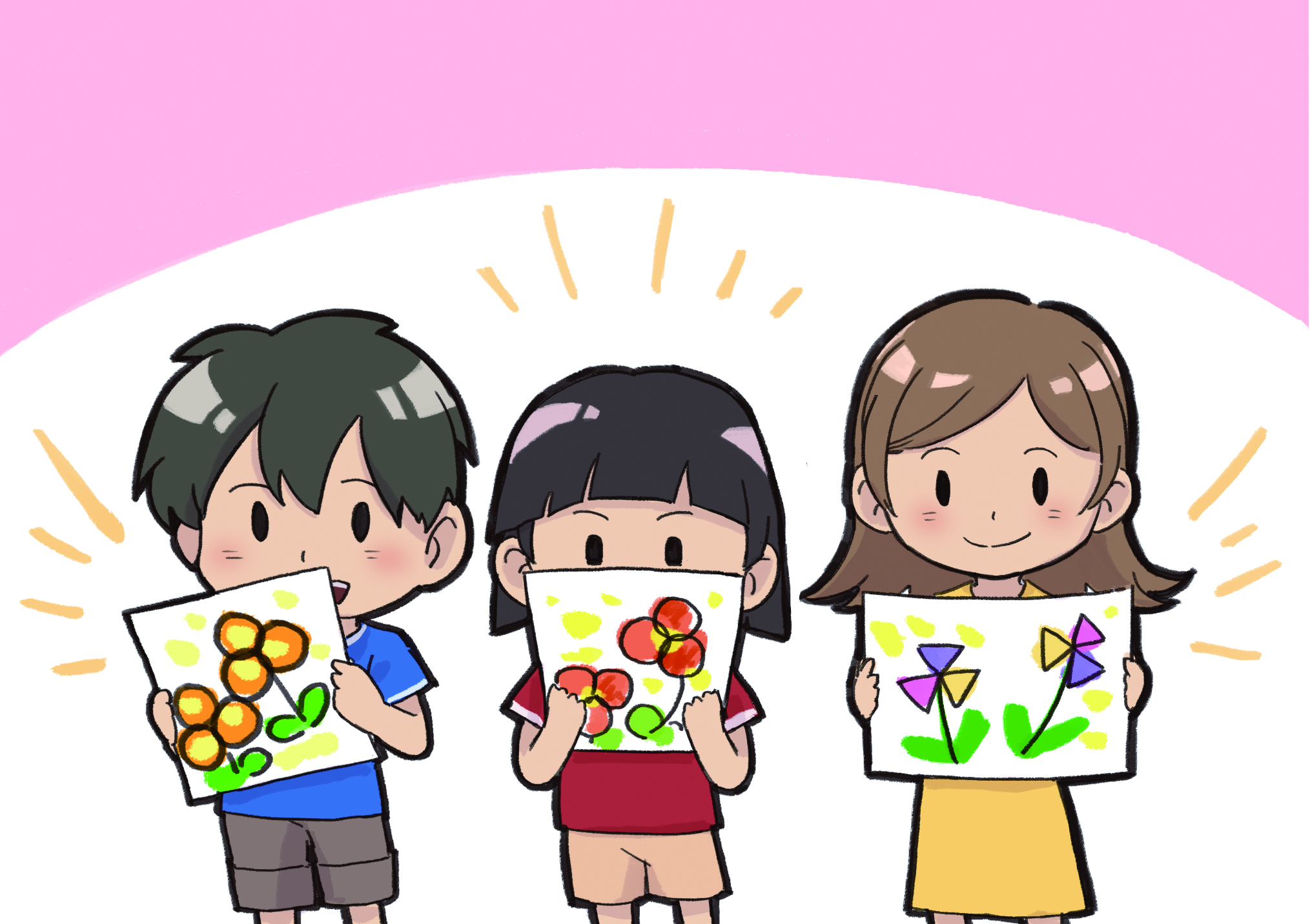이미지. 학생들이 꽃을 그려 색칠한 모습의 그림