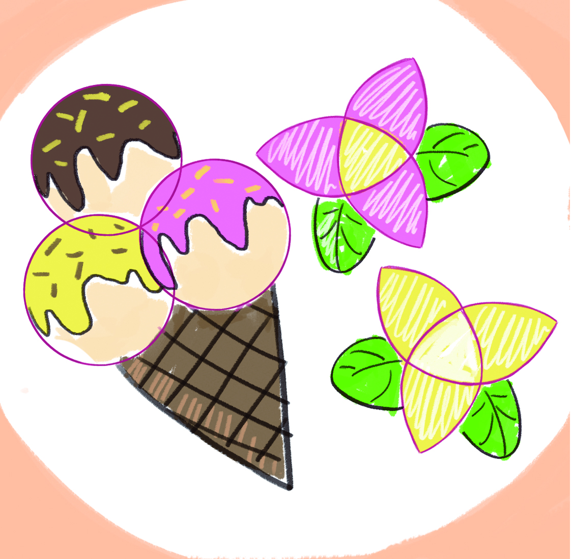 이미지. 도형으로 아이스크림과 꽃을 그린 그림