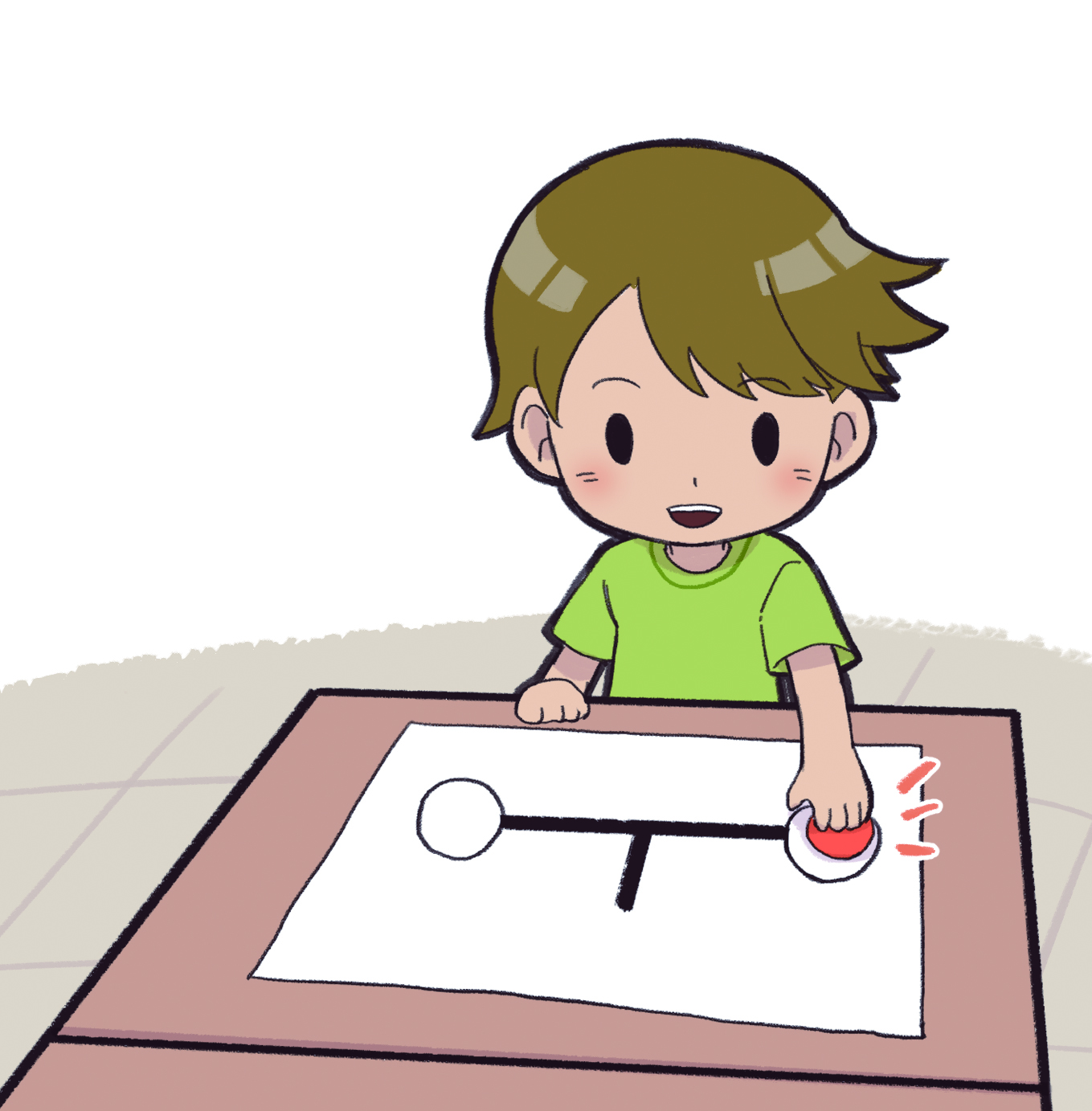 이미지. 학생이 부록 참참참에서 선택한 곳에 색깔돌을 올려놓고 있는 그림