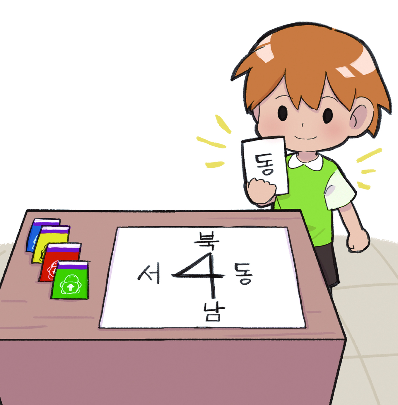 이미지. 학생이 방향이 적힌 글자판을 들고 있는 그림