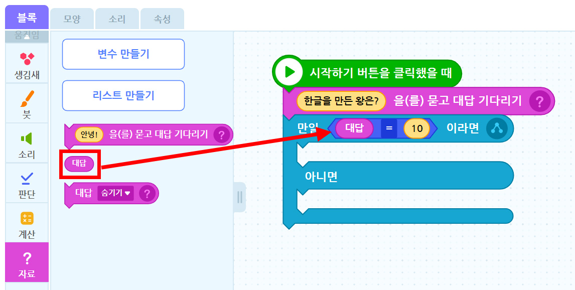 이미지. 엔트리블록 꾸러미와 블록 조립소의 스크린샷. 블록 꾸러미는 판단 탭이 활성화 되어 있고, 대답 블록에 강조표시가 되어 있다. 블럭 조립소 쪽에 위치한 한글을 만든 왕을 묻고 대답 기다리기 블록과 연결되어 있는 만일 대답=10 이라면~ 아니면~ 블록 안의 대답쪽으로 빨간 화살표가 그려져 있다.