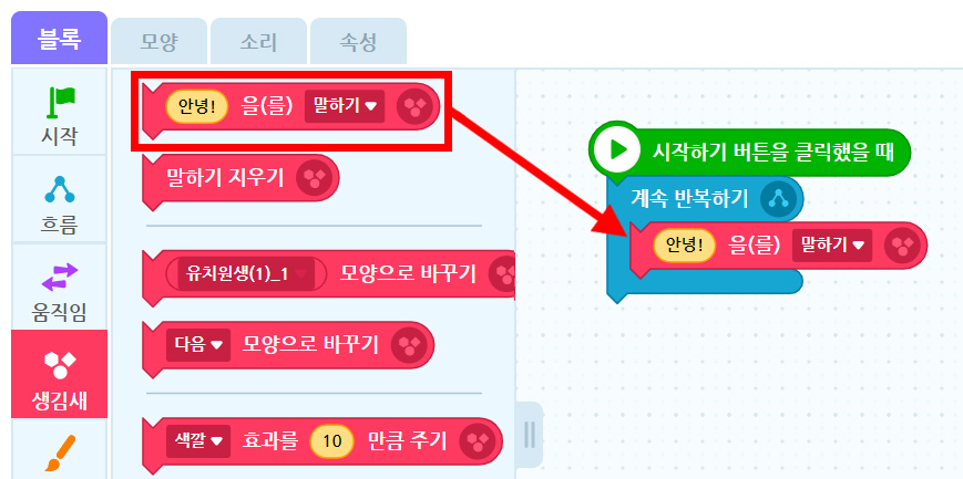 이미지. 엔트리블록 꾸러미와 블록 조립소의 스크린샷. 블록 꾸러미는 생김새 탭이 활성화 되어 있고, 안녕을 말하기 블럭에 강조 표시가 되어 있다. 블럭 조립소에 위치한, 계속 반복하기 블록과 연결된 안녕을 말하기 블록 쪽으로 빨간 화살표가 그려져 있다.