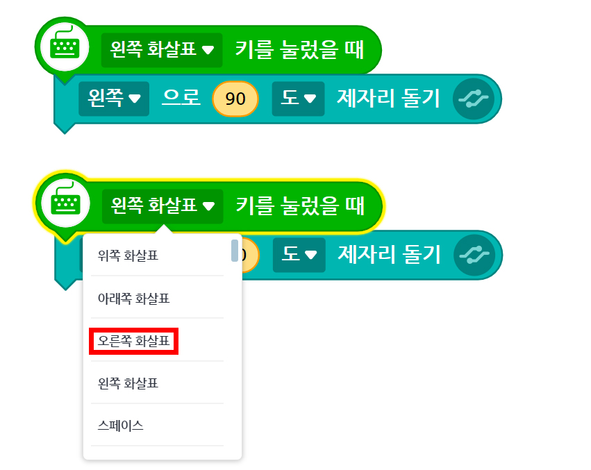  왼쪽 화살표 키를 눌렀을 때 블록과 왼쪽으로 90도 제자리 돌기 블록이 연결되어 있는 블록이 위 아래로 2개 있다. 아래쪽 왼쪽 화살표 키를 눌렀을 때 블록에 강조표시가 되어 있으며, 왼쪽 화살표 옵션창의 오른쪽 화살표 메뉴가 강조 표시 되어 있다.
