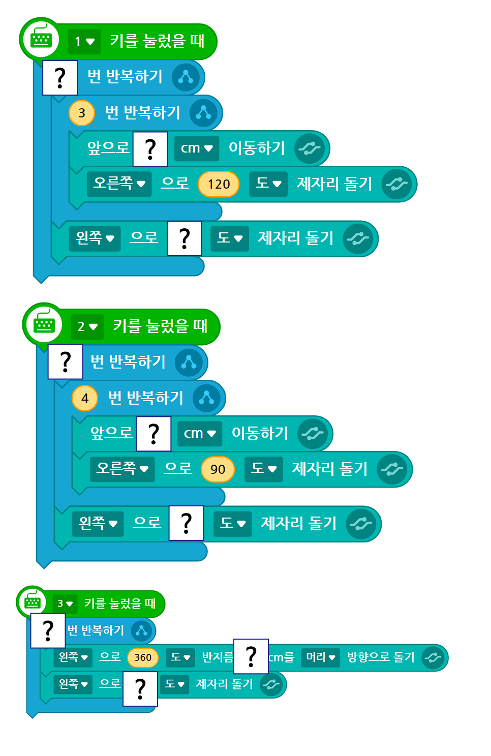 이미지. 패턴을 그릴 수 있는 3개의 블록들 스크린샷. 1 키를 눌렀을 때 블록, ?번 반복하기 블록, 3번 반복하기 블록, 앞으로 ?cm 이동하기 블록, 오른쪽으로 120도 제자리 돌기 블록, 왼쪽으로 ?도 제자리 돌기 블록이 연결되어 있다. 또, 2키를 눌렀을 때 블록, ?번 반복하기 블록, 4번 반복하기 블록, 앞으로 ?cm 이동하기 블록, 오른쪽으로 90도 제자리 돌기 블록, 왼쪽으로 ?도 제자리 돌기 블록이 연결되어 있다. 마지막으로 3키를 눌렀을 때 블록, ?번 반복하기 블록, 왼쪽으로 360도 반지름 ?cm를 머리방향으로 돌기 블록, 왼쪽으로 ?도 제자리 돌기 블록이 연결되어 있다. 