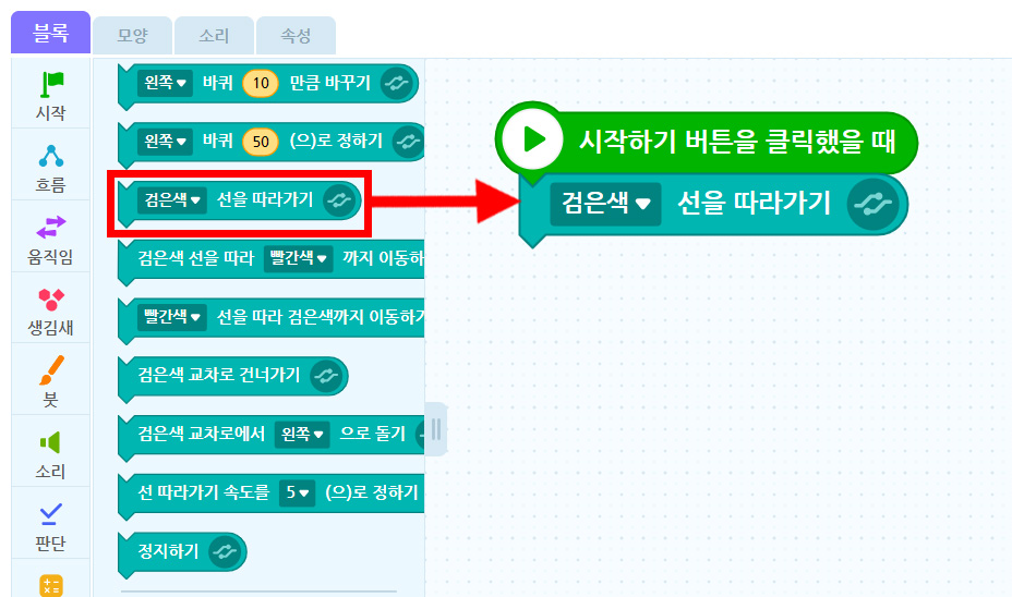 이미지. 블록 꾸러미와 블록 조립소의 스크린샷. 하드웨어 꾸러미에 검은색 선을 따라가기 블록이 강조 표시되어있다. 블록 조립소에 위치한 시작하기 버튼을 클릭했을 때 블록에 연결된 검은색 선을 따라가기 블록 쪽으로 화살표가 그려져 있다.